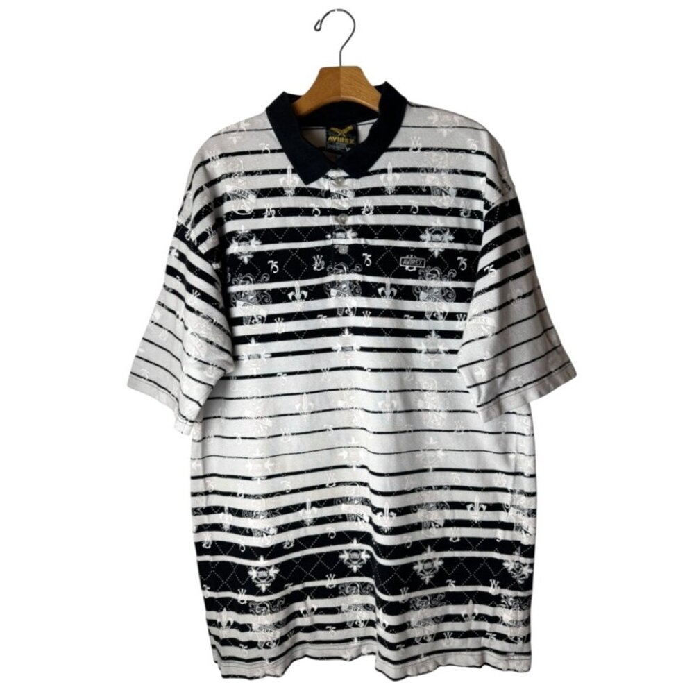 Avirex Shirt Men XL Black White Striped Fleur Vintage Polo Streetwear Edgy Retro